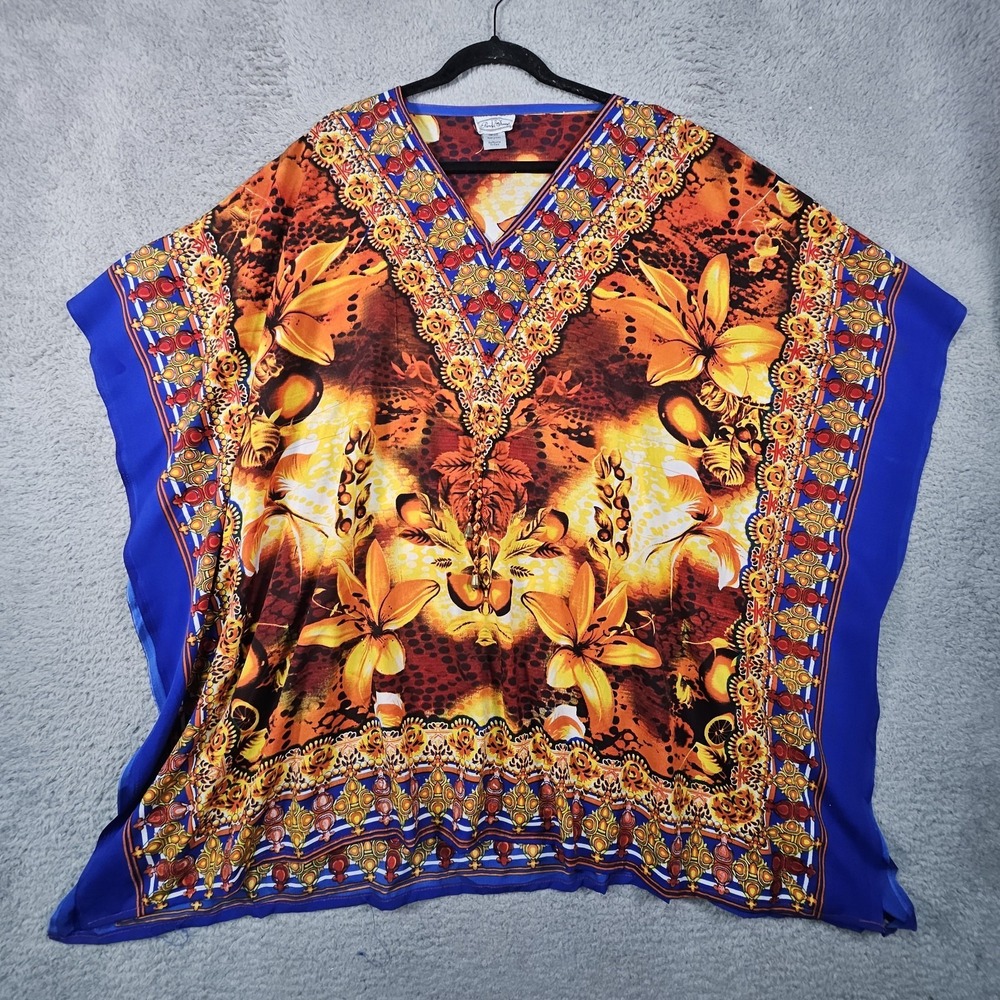 Vtg Poncho Kimono Top Womens OSFM Floral Hawaiian Cruise Beaded‎ Resort Kafton - Picture 2 of 10